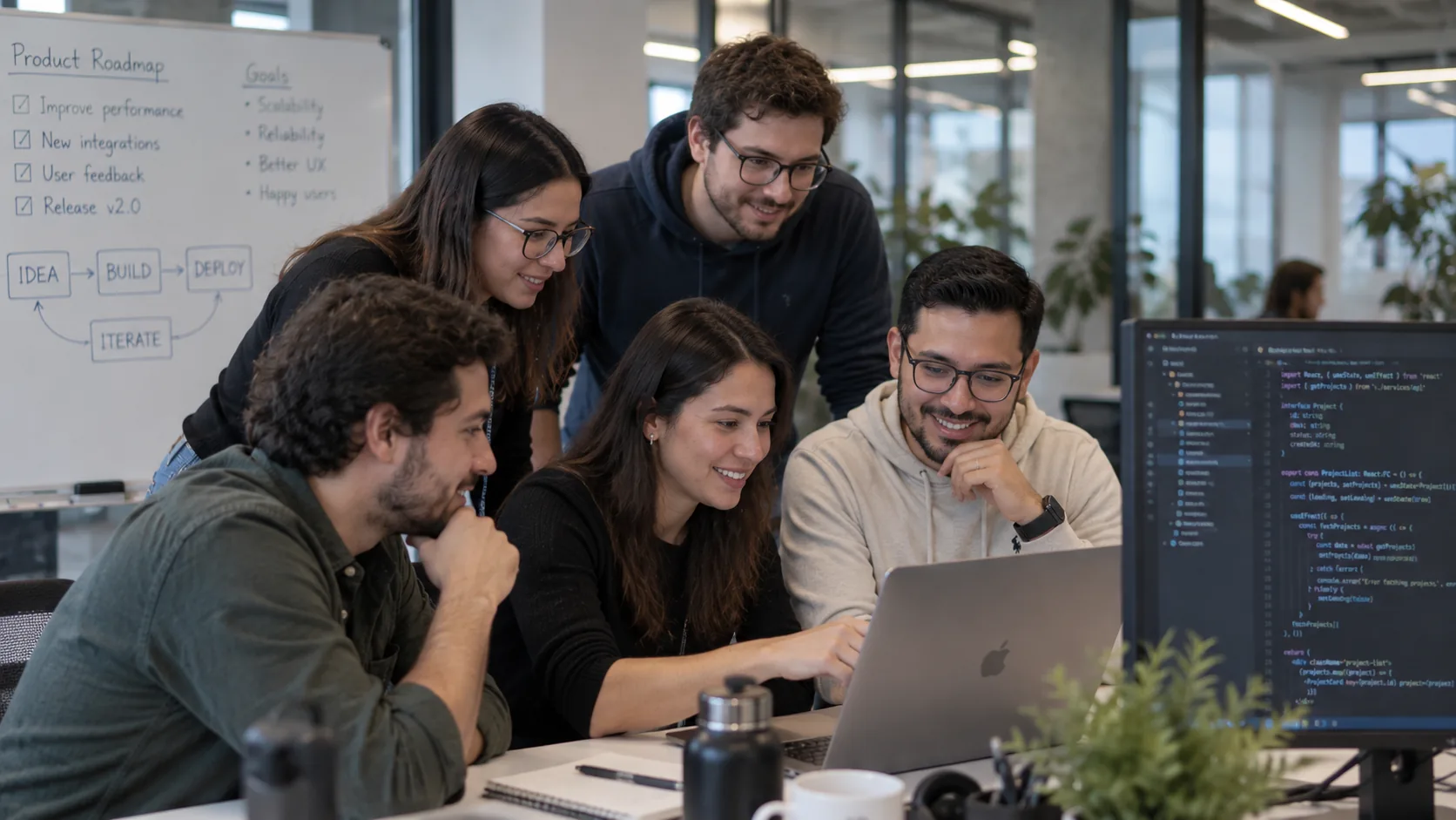 Equipo de trabajo alrededor de un computador portátil revisando código y un roadmap de producto
