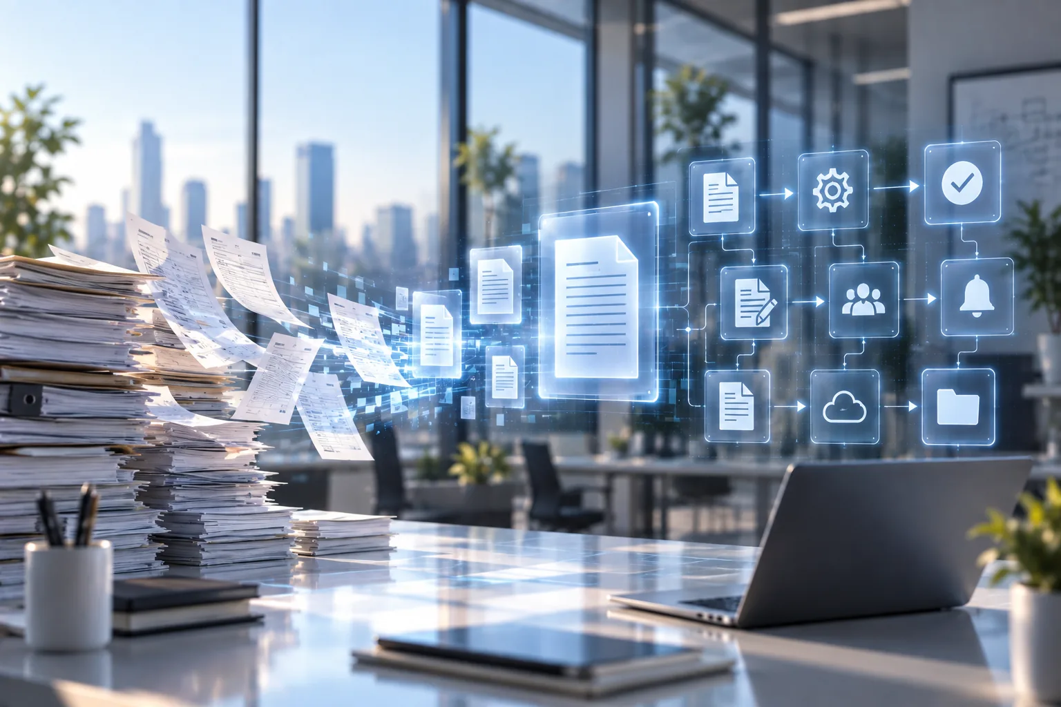 Documentos físicos transformándose en un flujo digital de procesos automatizados