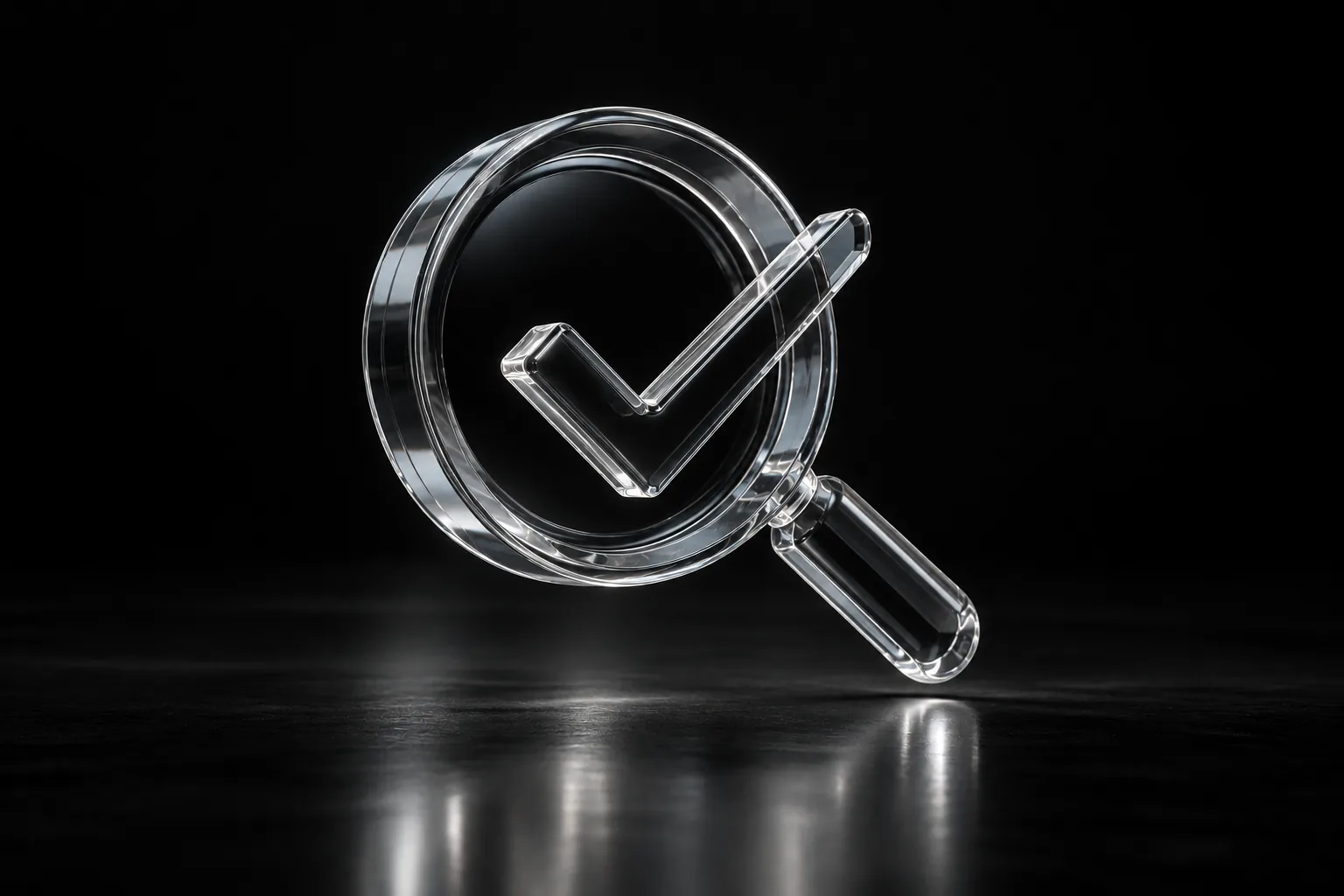 Lupa de vidrio con una marca de verificación, representando control de calidad y validación