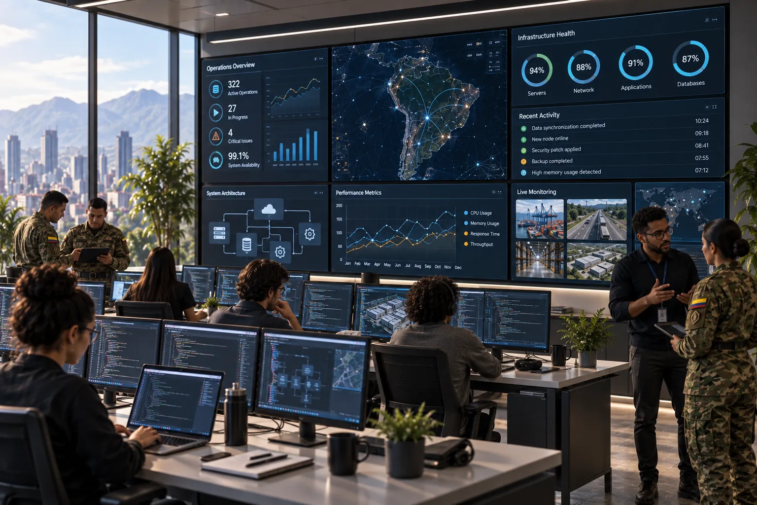 Equipo revisando paneles de monitoreo y métricas en un centro de operaciones