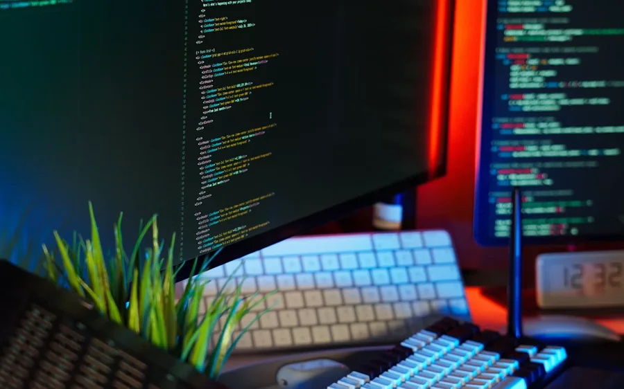 Monitores mostrando código de programación en un escritorio de trabajo